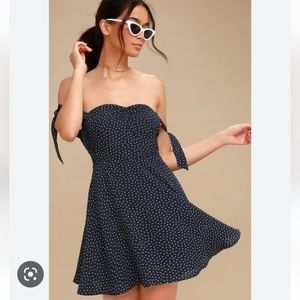 LULU Twirl Me Around Navy Blue Print Off-the-Shoulder Skater Dress